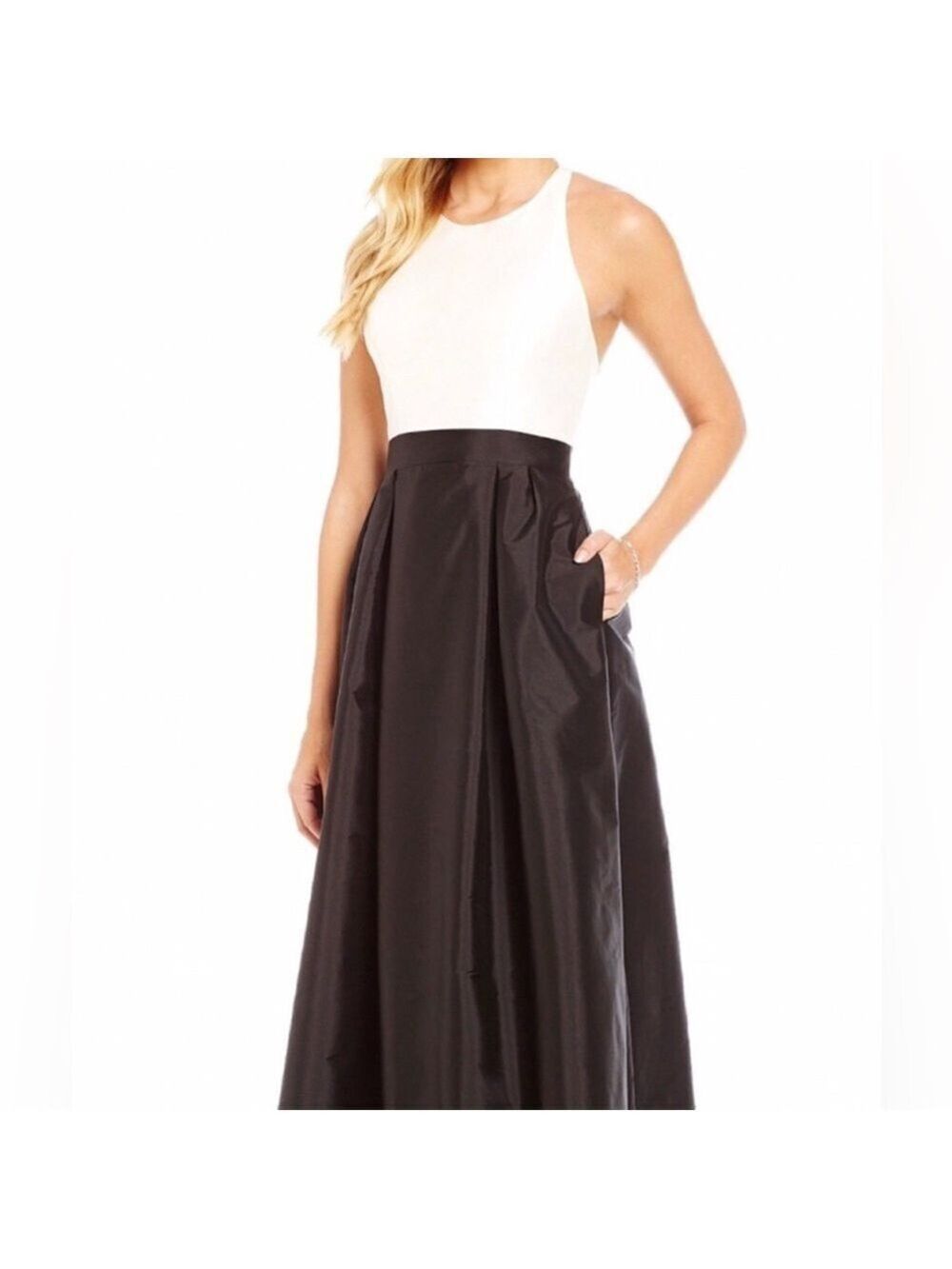 Adrianna Papell Ivory Black Sleeveless Taffta Gown With Pockets Size 4 NWT